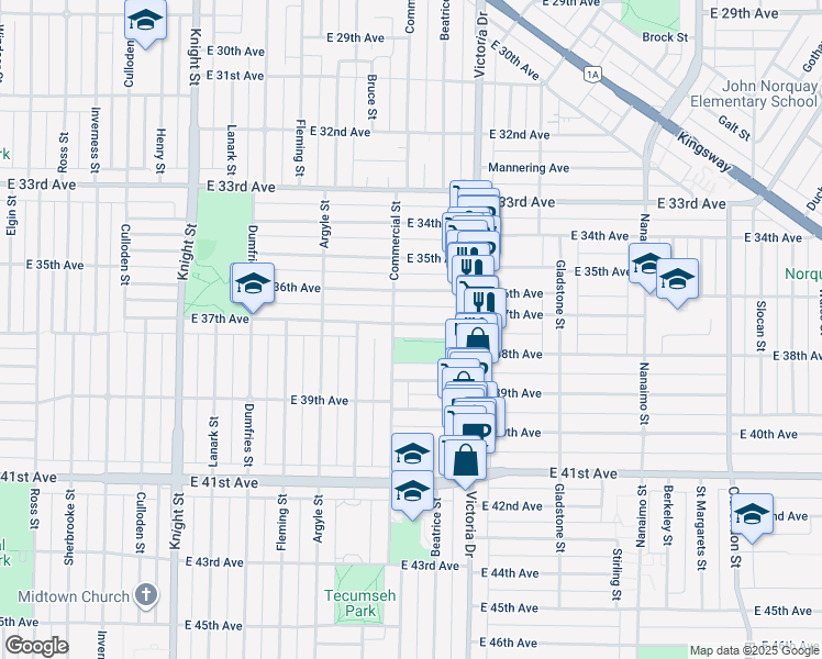 map of restaurants, bars, coffee shops, grocery stores, and more near 1846 East 37th Avenue in Vancouver