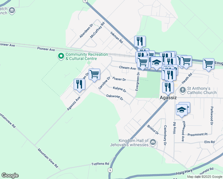 map of restaurants, bars, coffee shops, grocery stores, and more near 6892 Kalyna Drive in Agassiz