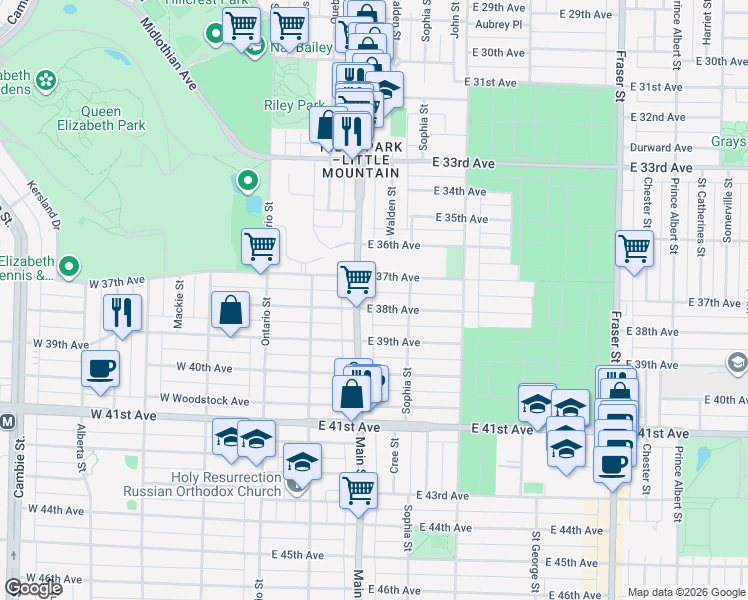 map of restaurants, bars, coffee shops, grocery stores, and more near 236 East 38th Avenue in Vancouver
