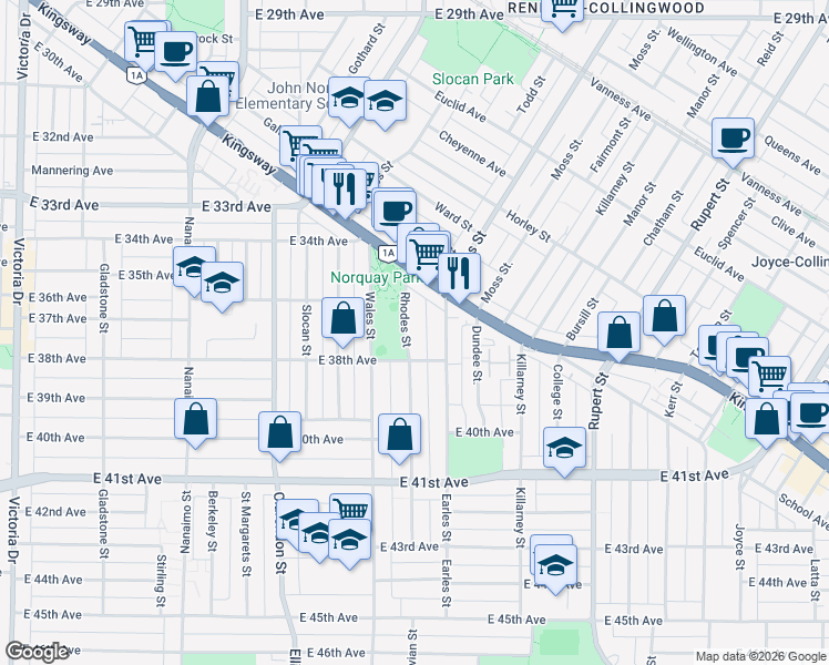 map of restaurants, bars, coffee shops, grocery stores, and more near in Vancouver
