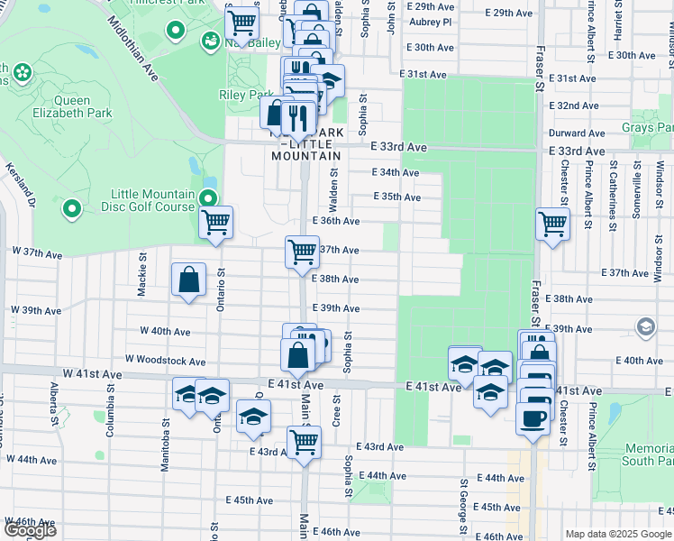 map of restaurants, bars, coffee shops, grocery stores, and more near 271 East 38th Avenue in Vancouver