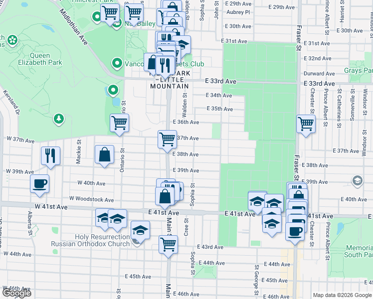 map of restaurants, bars, coffee shops, grocery stores, and more near 236 East 38th Avenue in Vancouver