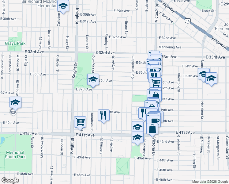 map of restaurants, bars, coffee shops, grocery stores, and more near 1708 East 37th Avenue in Vancouver