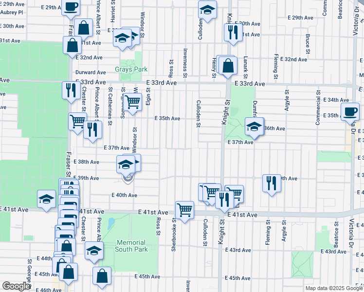 map of restaurants, bars, coffee shops, grocery stores, and more near 5325 Inverness Street in Vancouver