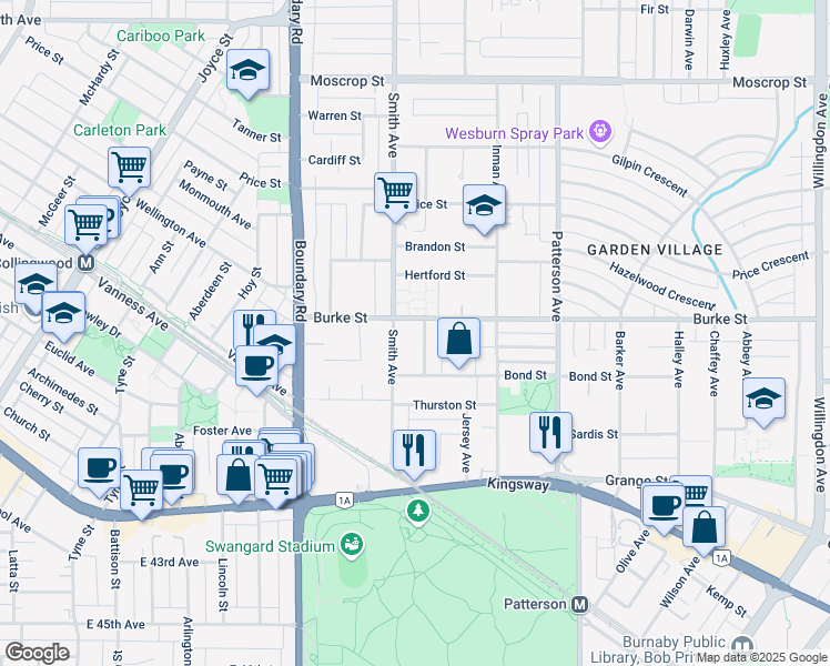 map of restaurants, bars, coffee shops, grocery stores, and more near 5249 Chesham Avenue in Burnaby
