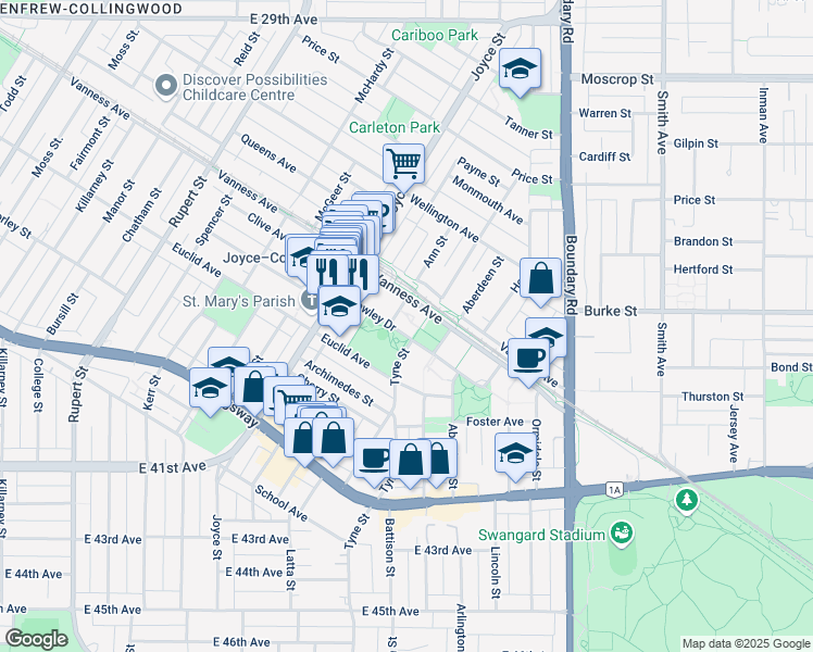 map of restaurants, bars, coffee shops, grocery stores, and more near 3535 Crowley Drive in Vancouver
