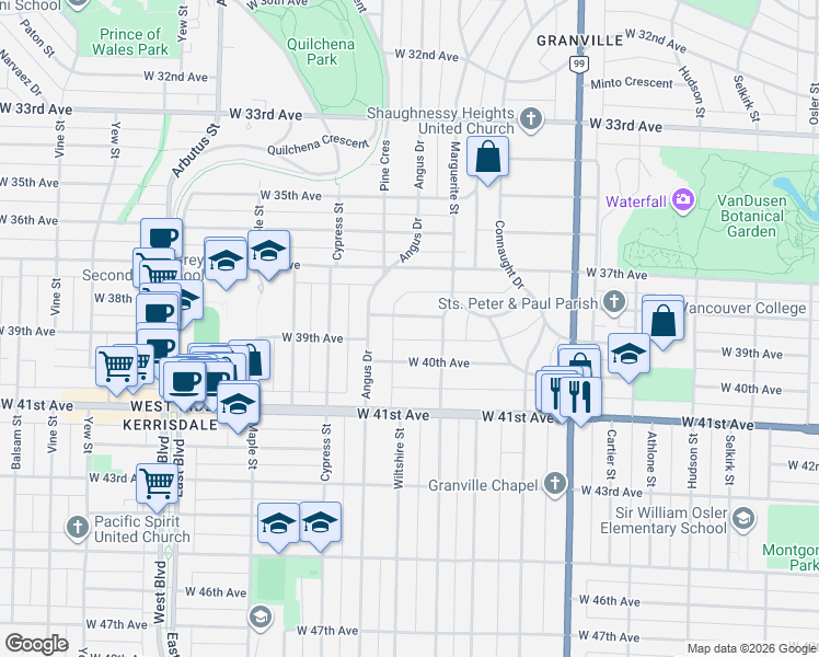 map of restaurants, bars, coffee shops, grocery stores, and more near 1738 West 38th Avenue in Vancouver