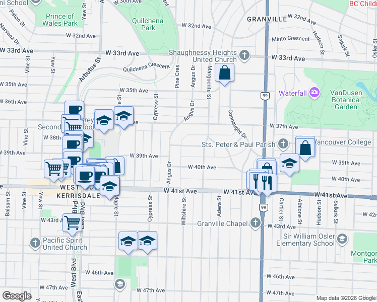 map of restaurants, bars, coffee shops, grocery stores, and more near in Vancouver