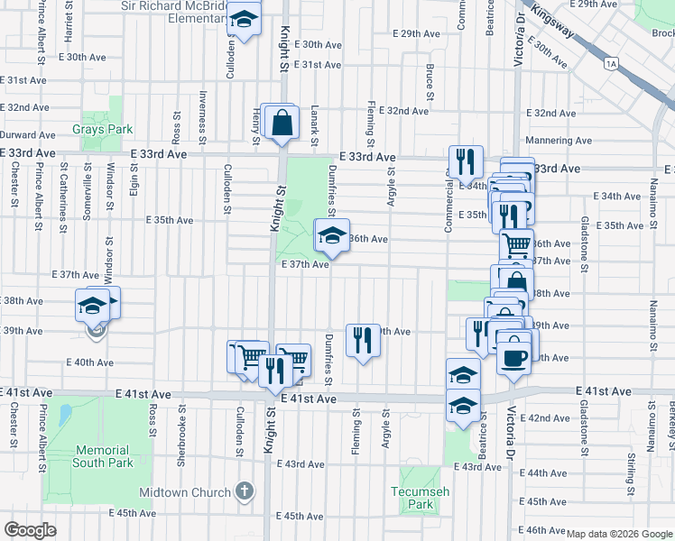 map of restaurants, bars, coffee shops, grocery stores, and more near 1518 East 37th Avenue in Vancouver