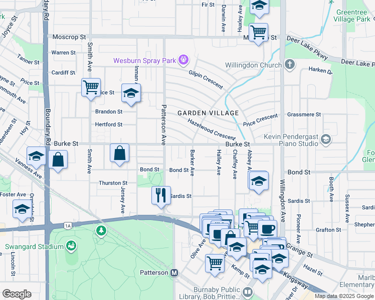 map of restaurants, bars, coffee shops, grocery stores, and more near 5237 Barker Avenue in Burnaby