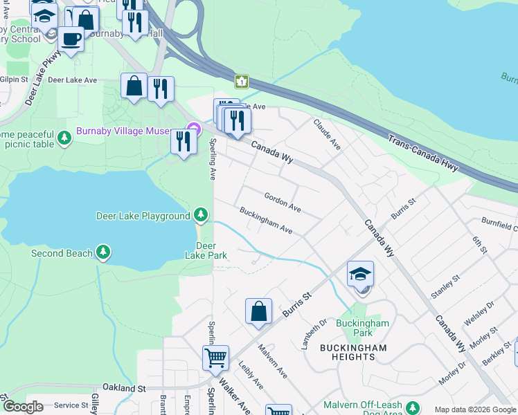 map of restaurants, bars, coffee shops, grocery stores, and more near 5416 Buckingham Avenue in Burnaby