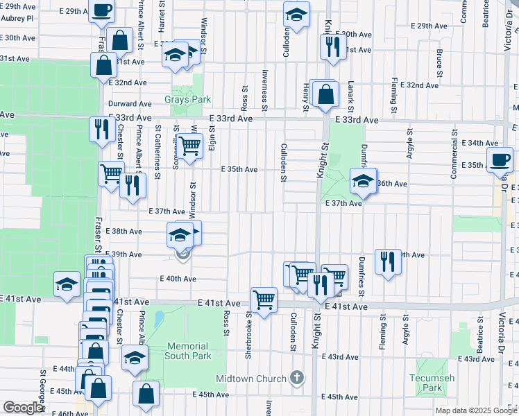 map of restaurants, bars, coffee shops, grocery stores, and more near 5315 Inverness Street in Vancouver