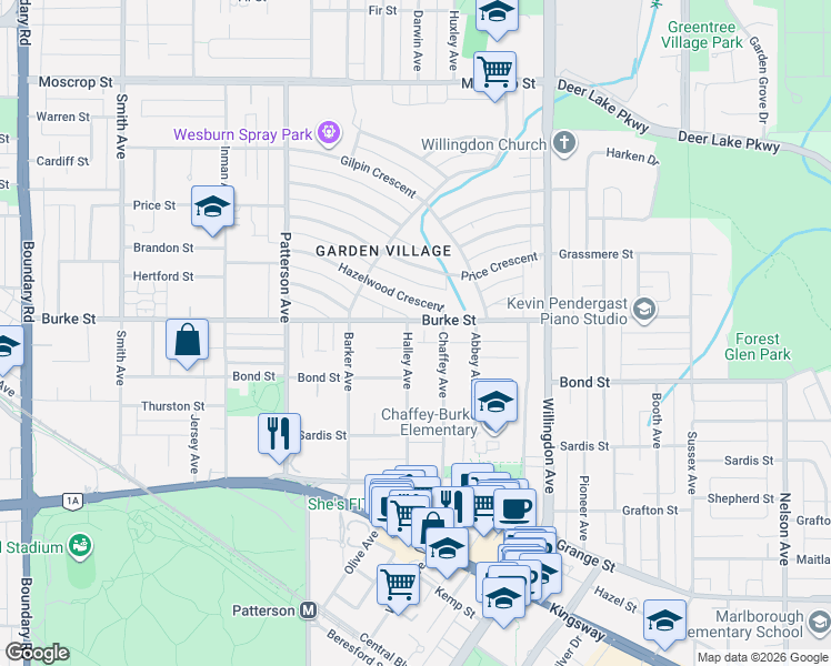 map of restaurants, bars, coffee shops, grocery stores, and more near 5240 Halley Avenue in Burnaby
