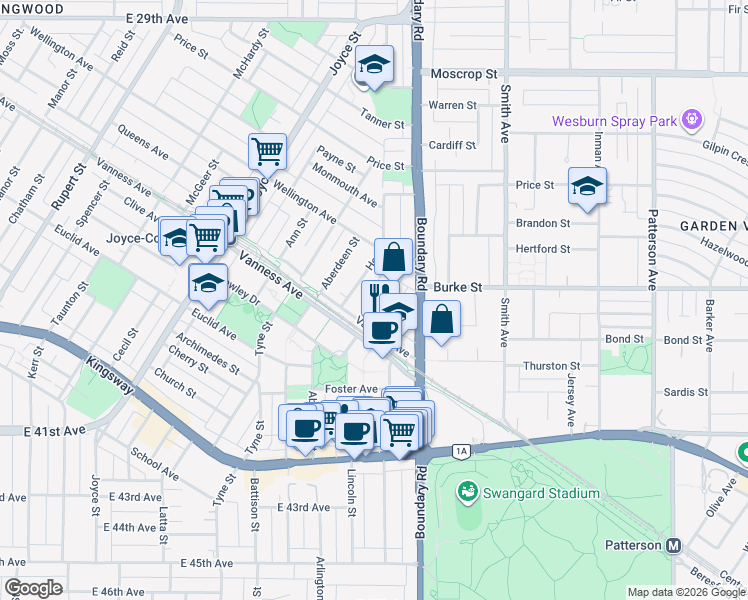 map of restaurants, bars, coffee shops, grocery stores, and more near in Vancouver