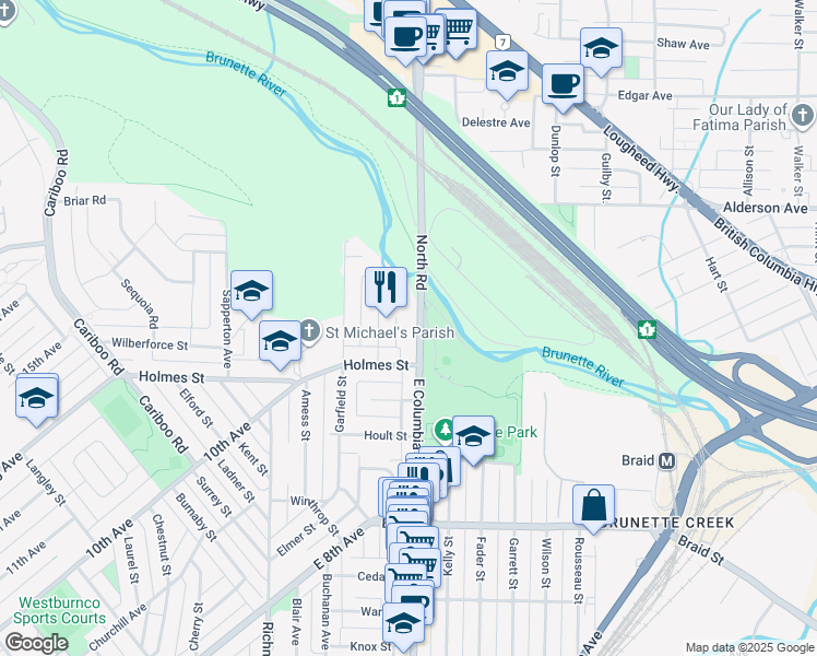 map of restaurants, bars, coffee shops, grocery stores, and more near 639 East Columbia Street in New Westminster