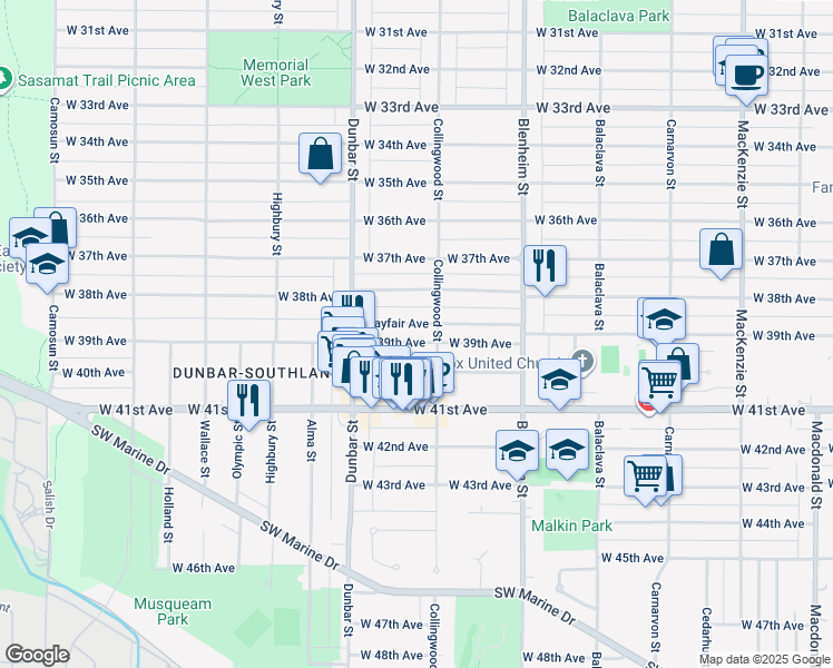 map of restaurants, bars, coffee shops, grocery stores, and more near 3521 West 39th Avenue in Vancouver