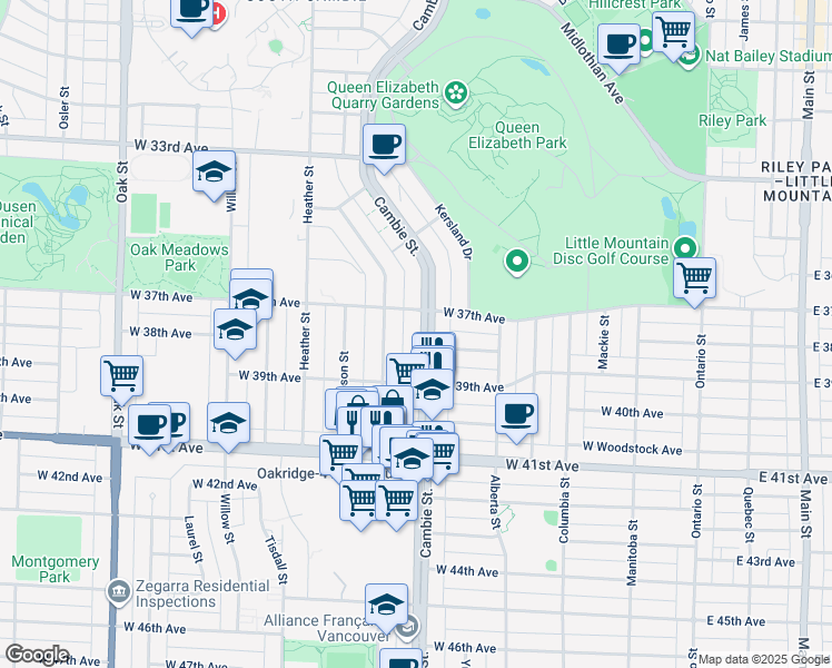 map of restaurants, bars, coffee shops, grocery stores, and more near 5389 Cambie Street in Vancouver