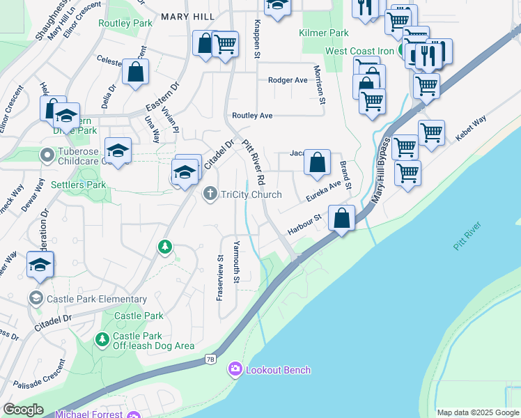 map of restaurants, bars, coffee shops, grocery stores, and more near 1246 Pitt River Road in Port Coquitlam