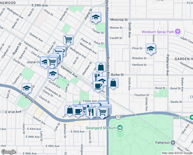 map of restaurants, bars, coffee shops, grocery stores, and more near 3628 Rae Avenue in Vancouver