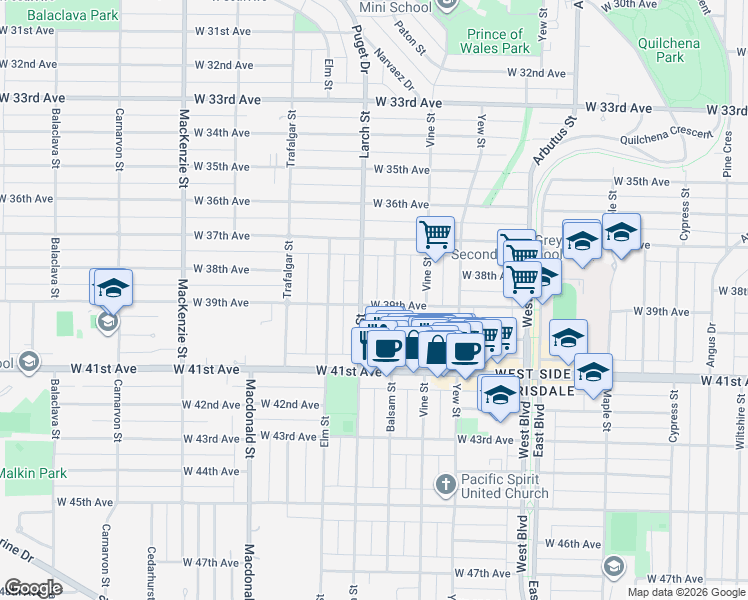map of restaurants, bars, coffee shops, grocery stores, and more near 2459 West 39th Avenue in Vancouver