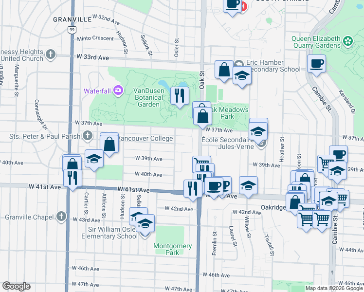 map of restaurants, bars, coffee shops, grocery stores, and more near 1061 West 38th Avenue in Vancouver