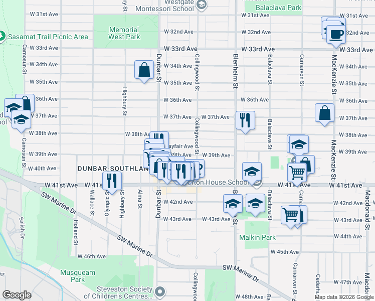 map of restaurants, bars, coffee shops, grocery stores, and more near 3521 West 39th Avenue in Vancouver