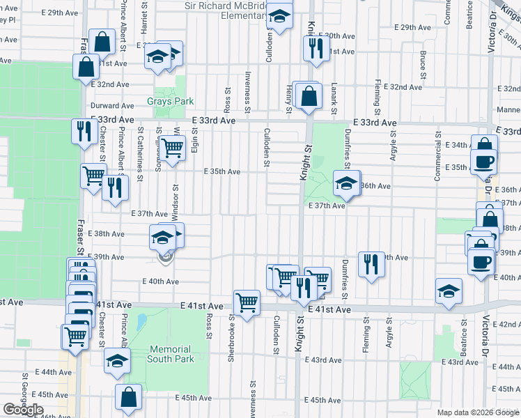 map of restaurants, bars, coffee shops, grocery stores, and more near 5317 Culloden Street in Vancouver