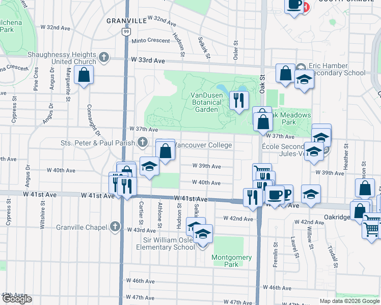 map of restaurants, bars, coffee shops, grocery stores, and more near 1260 West 38th Avenue in Vancouver