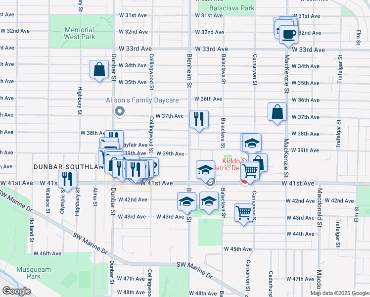 map of restaurants, bars, coffee shops, grocery stores, and more near 5570 Blenheim Street in Vancouver