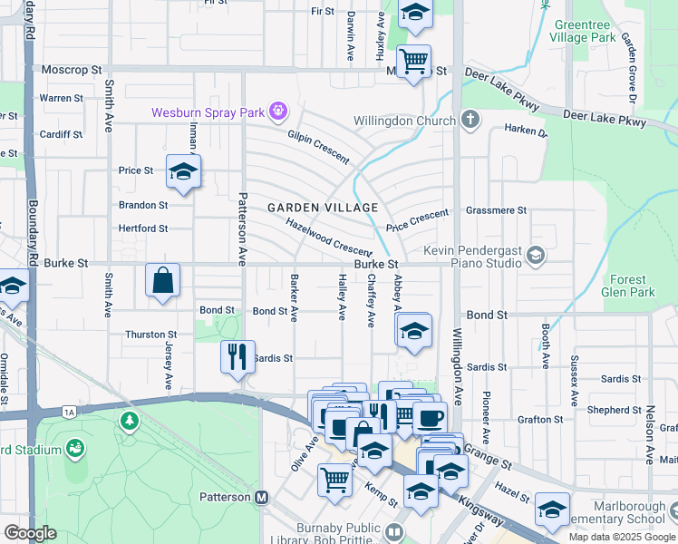 map of restaurants, bars, coffee shops, grocery stores, and more near 5321 Halley Avenue in Burnaby