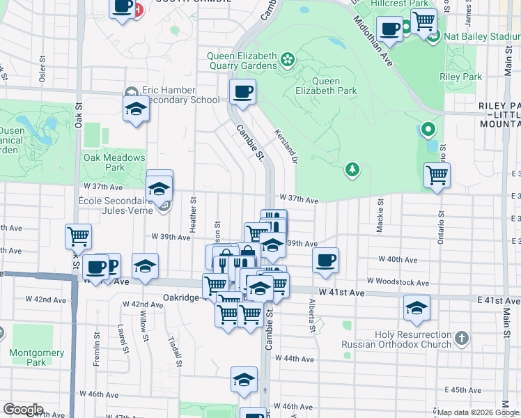 map of restaurants, bars, coffee shops, grocery stores, and more near 5383 Cambie Street in Vancouver