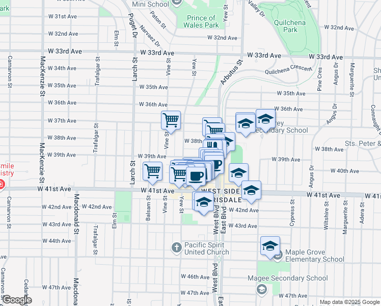 map of restaurants, bars, coffee shops, grocery stores, and more near in Vancouver