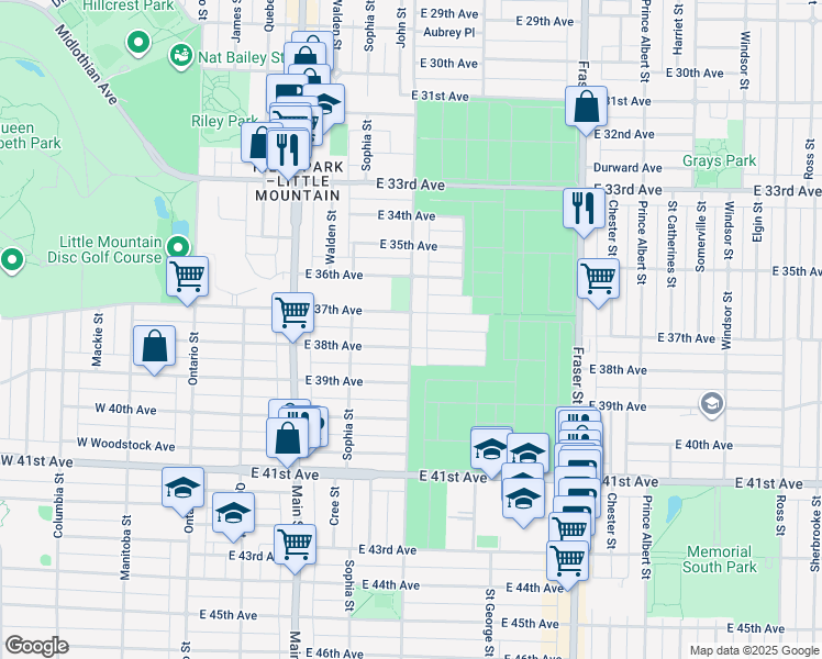 map of restaurants, bars, coffee shops, grocery stores, and more near Prince Edward Street in Vancouver