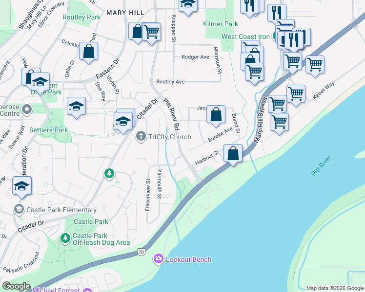 map of restaurants, bars, coffee shops, grocery stores, and more near 1953 Eureka Avenue in Port Coquitlam