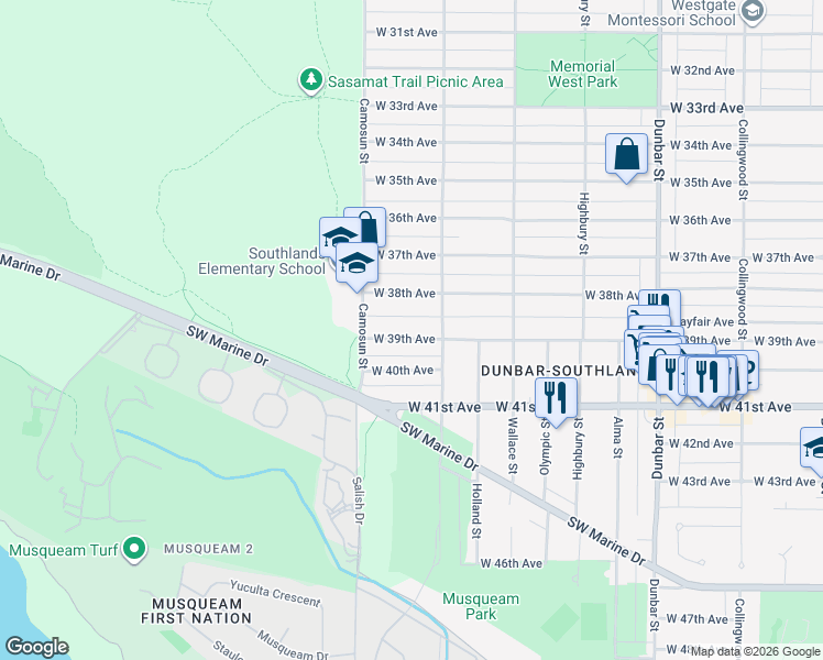 map of restaurants, bars, coffee shops, grocery stores, and more near 4033 West 39th Avenue in Vancouver