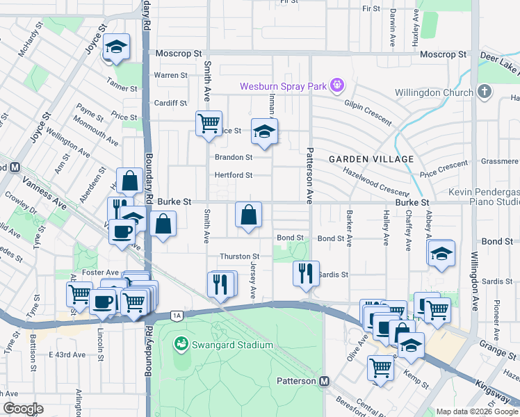 map of restaurants, bars, coffee shops, grocery stores, and more near 3970 Burke Street in Burnaby