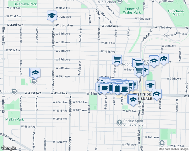 map of restaurants, bars, coffee shops, grocery stores, and more near 2535 West 39th Avenue in Vancouver