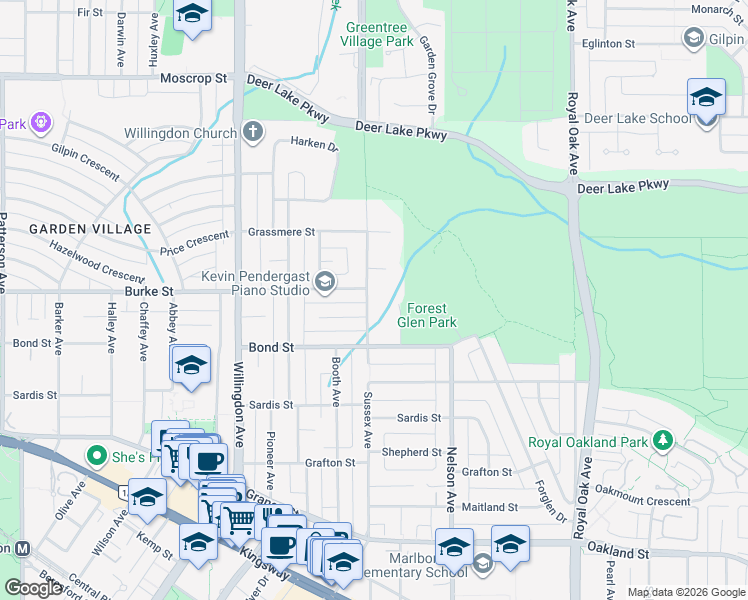 map of restaurants, bars, coffee shops, grocery stores, and more near 5246 Sussex Avenue in Burnaby