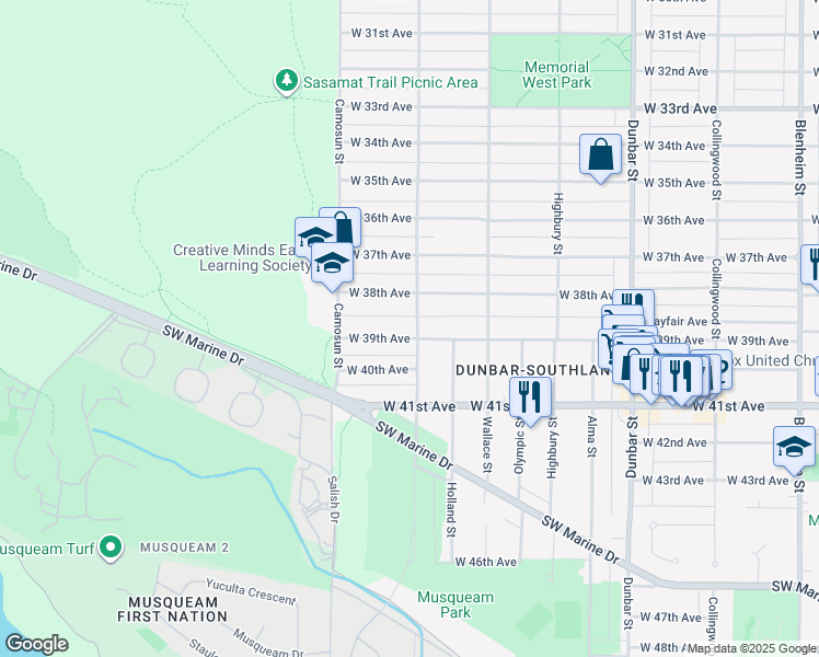 map of restaurants, bars, coffee shops, grocery stores, and more near 5459 Crown Street in Vancouver