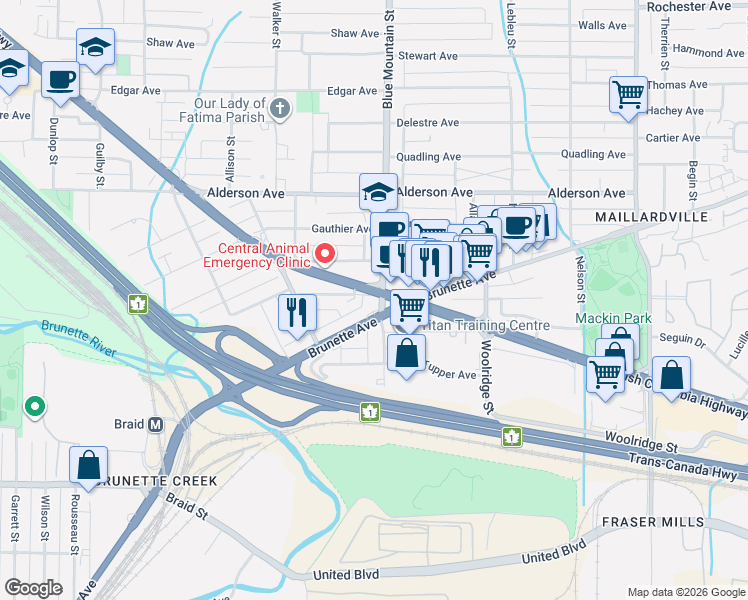 map of restaurants, bars, coffee shops, grocery stores, and more near 204 Blue Mountain Street in Coquitlam