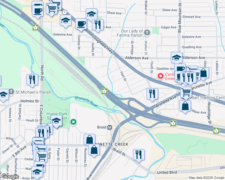 map of restaurants, bars, coffee shops, grocery stores, and more near 630 Roderick Avenue in Coquitlam