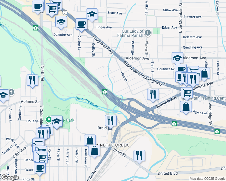 map of restaurants, bars, coffee shops, grocery stores, and more near 631 Roderick Avenue in Coquitlam