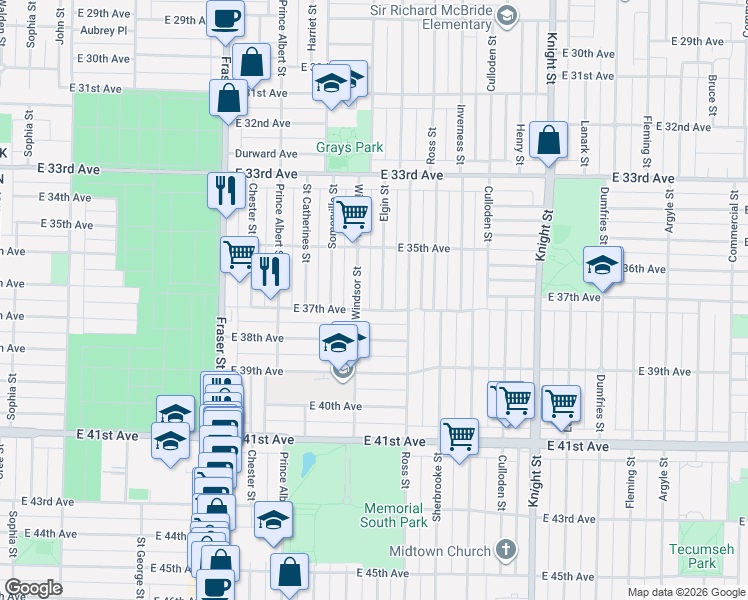 map of restaurants, bars, coffee shops, grocery stores, and more near 5319 Elgin Street in Vancouver