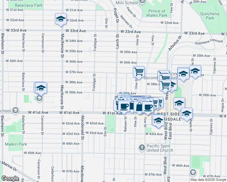 map of restaurants, bars, coffee shops, grocery stores, and more near 5489 Larch Street in Vancouver
