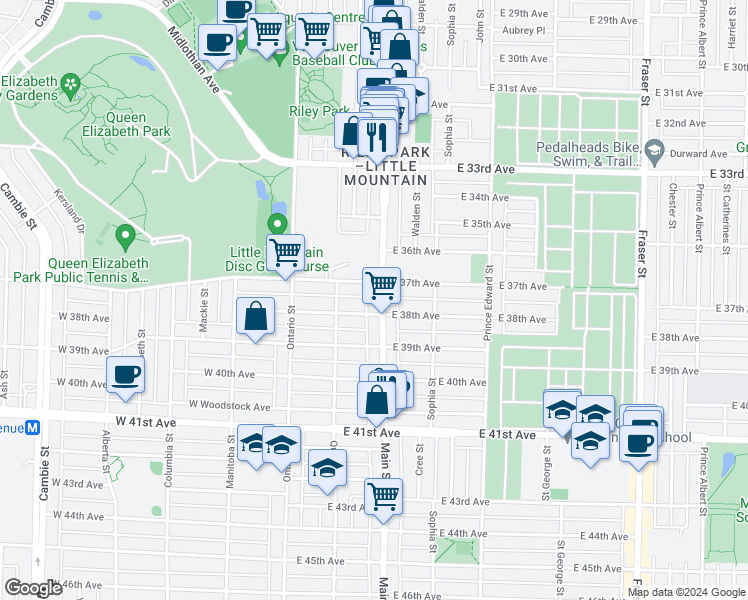 map of restaurants, bars, coffee shops, grocery stores, and more near 5355 Main Street in Vancouver