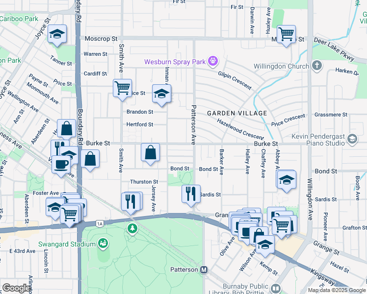 map of restaurants, bars, coffee shops, grocery stores, and more near 4064 Burke Street in Burnaby