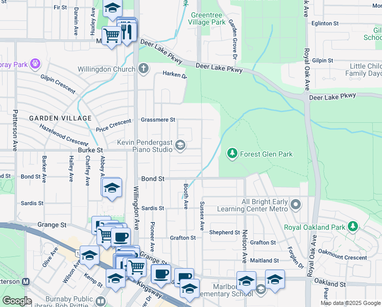 map of restaurants, bars, coffee shops, grocery stores, and more near 4676 Burke Street in Burnaby