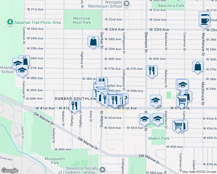map of restaurants, bars, coffee shops, grocery stores, and more near 3569 West 39th Avenue in Vancouver