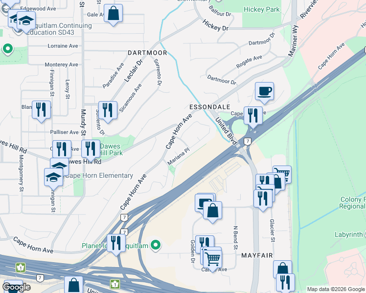 map of restaurants, bars, coffee shops, grocery stores, and more near 290 Santiago Street in Coquitlam