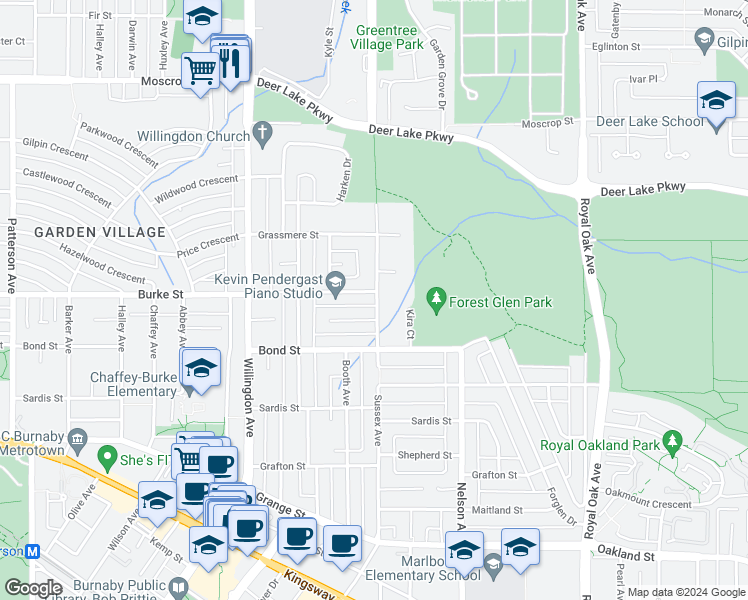 map of restaurants, bars, coffee shops, grocery stores, and more near 5179 Sussex Avenue in Burnaby